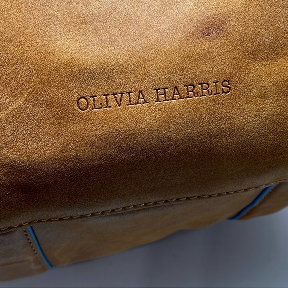 Olivia Harris tan leather tote shoulder bag subtle blue trim - Picture 5 of 12